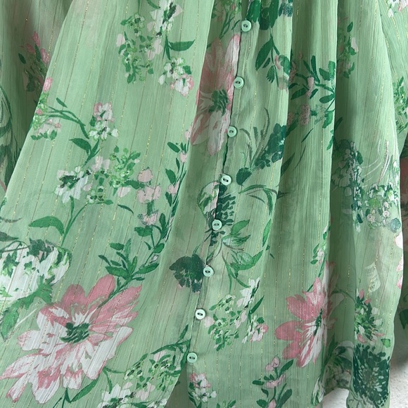 Zara floral metallic gold detail sheer button tie blouse M - Picture 6 of 11